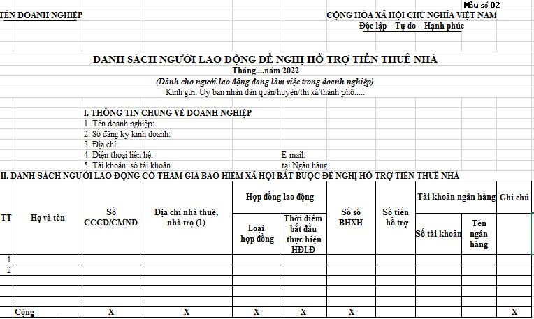 Mẫu Số 02 Định Dạng Excel, Danh Sách Người Lao Động Đề Nghị Hỗ Trợ Tiền  Thuê Nhà